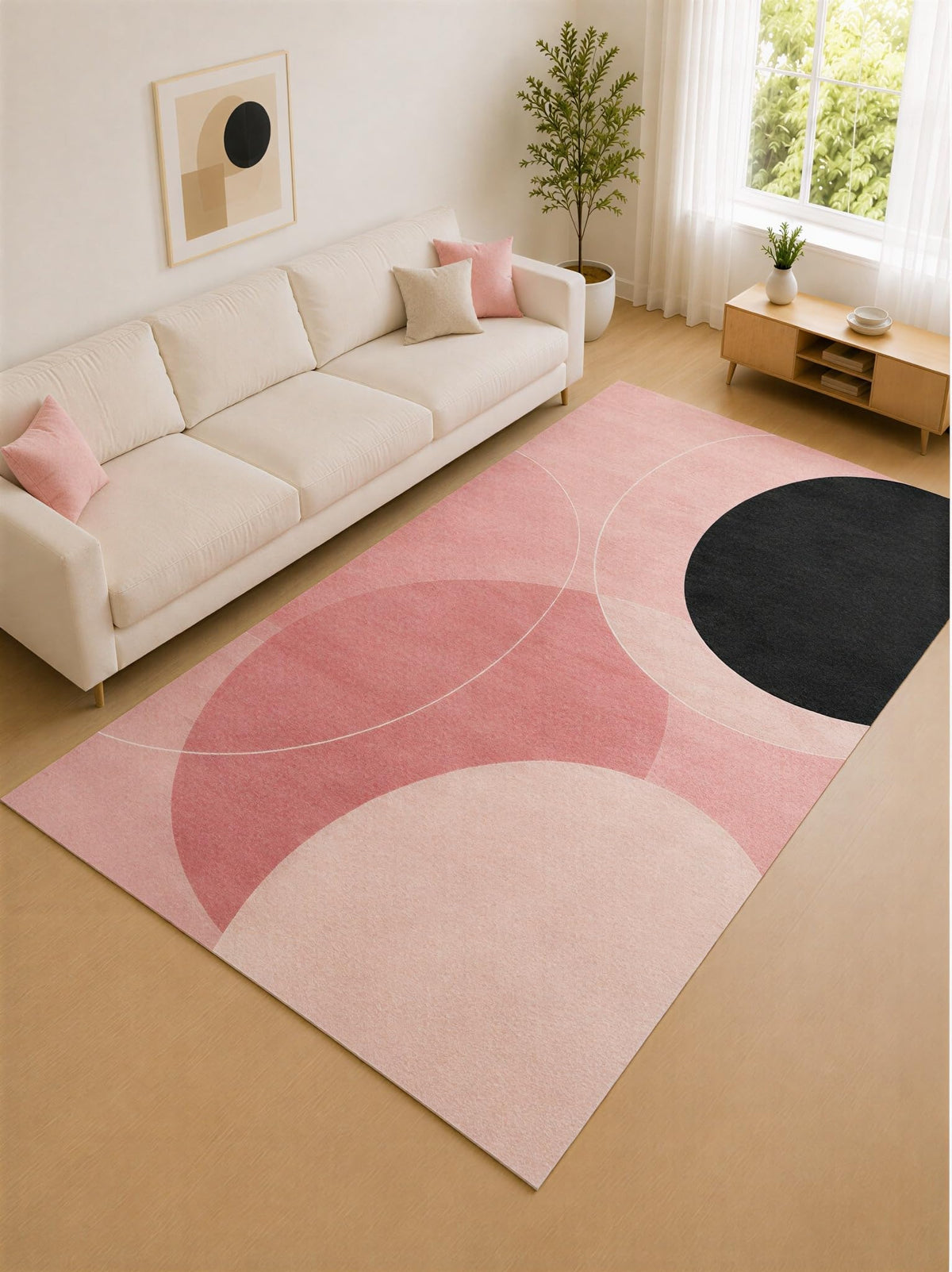 ICE ARMOR "Ultra Lightweight Large 6'7" x 9'10" Pink and Black Abstract Curved Shape Area Rug for Living Room, Bedroom and Home Office, Soft Low Pile Carpet with Non-Slip Silicone Backing