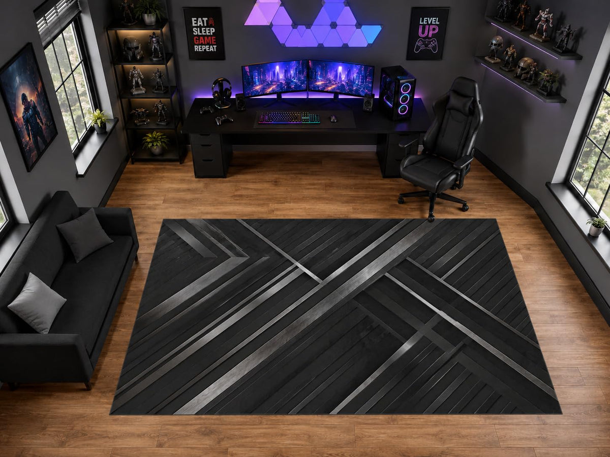 ICE ARMOR "Ultra Light Weight Large 6'7" x 9'10" Metallic Diagonal Line Pattern Area Rug for Playroom Decor, Soft Low Pile Indoor Rug with Non-Slip Silicone Backing, Black Gray