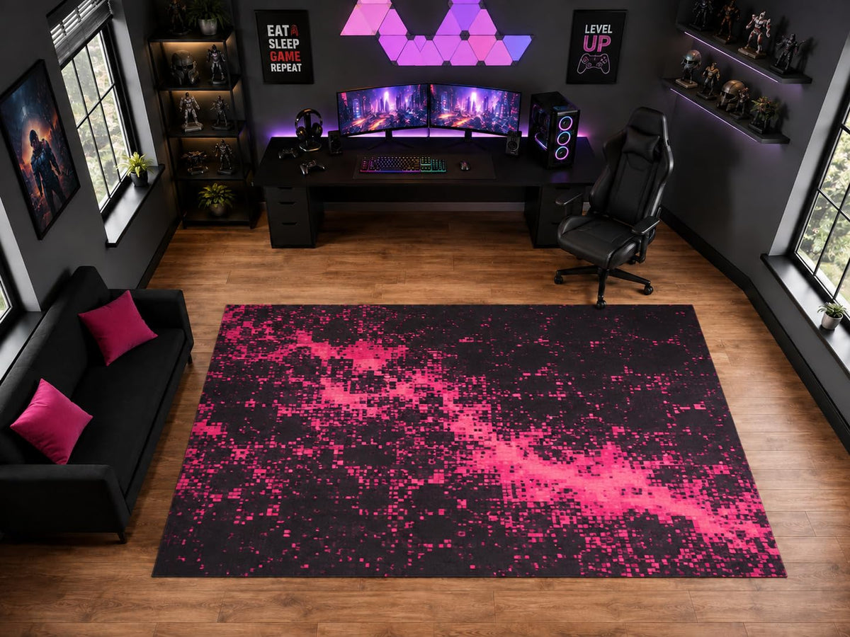 ICE ARMOR "Ultra Light Weight Large 6'7" x 9'10" Pink Digital Glitch Pattern Area Rug for Playroom Decor, Soft Low Pile Indoor Rug with Non-Slip Silicone Backing, Black Pink
