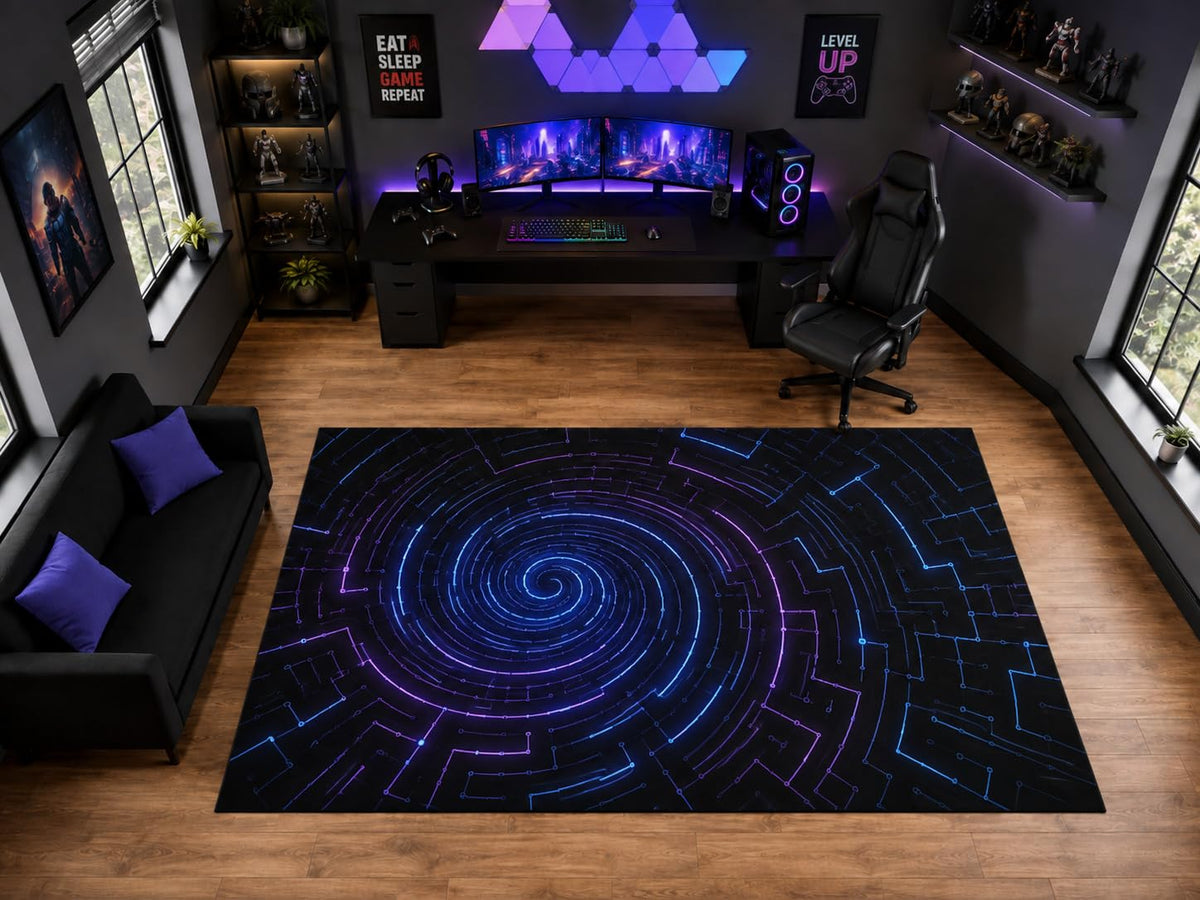 ICE ARMOR "Ultra Light Weight Large 6'7" x 9'10" Neon Circuit Spiral Vortex Area Rug for Playroom Decor, Soft Low Pile Indoor Rug with Non-Slip Silicone Backing, Black Blue Purple