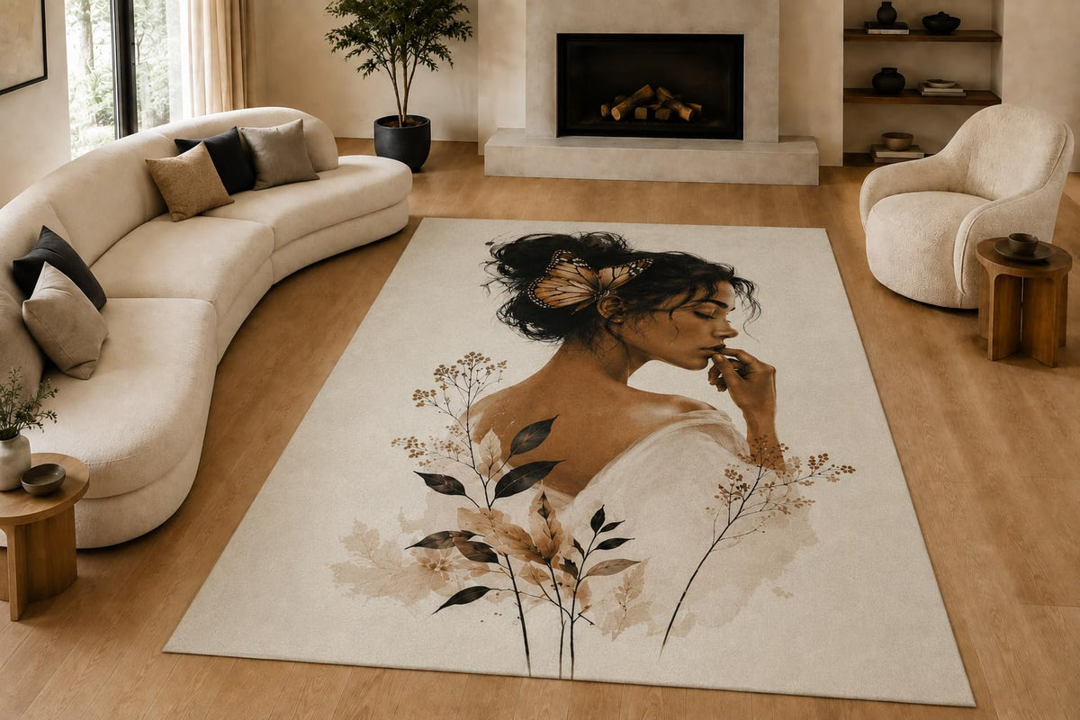 ICE ARMOR "Ultra Lightweight Large 6'7" x 9'10" Botanical Lady Art Area Rug for Living Room, Bedroom and Home Office, Soft Low Pile Carpet with Non-Slip Silicone Backing, Ivory and Brown