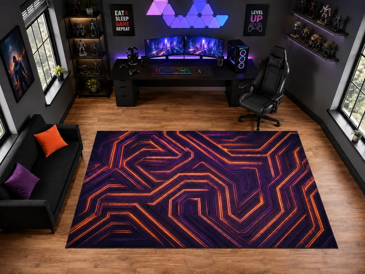 ICE ARMOR "Ultra Light Weight Large 6'7" x 9'10" Orange Neon Maze Pattern Area Rug for Playroom Decor, Soft Low Pile Indoor Rug with Non-Slip Silicone Backing, Black Purple Orange
