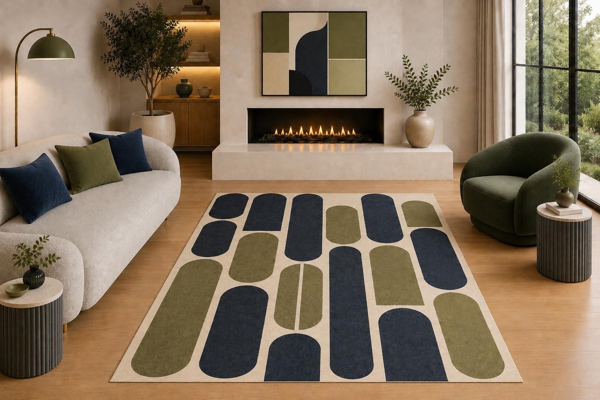 ICE ARMOR "Ultra Light Weight 5' x 7' Mid Century Modern Area Rug Olive Green Navy Cream Rounded Block Geometric Design for Living Room Bedroom Dining Room Office Non-Slip Silicone Backing Low Pile