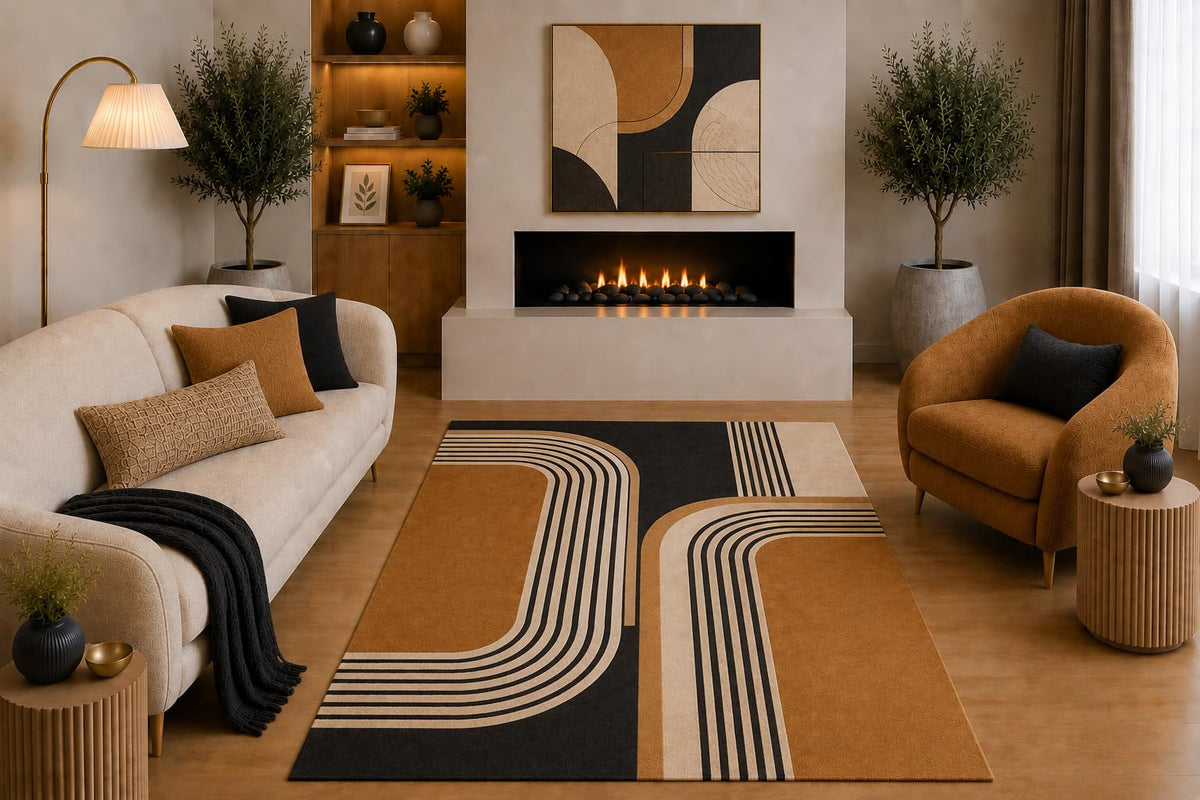 ICE ARMOR "Ultra Light Weight 5' x 7' Retro Modern Geometric Area Rug Black Camel Beige Abstract Curved Stripe Design for Living Room Bedroom Office Non-Slip Silicone Backing Low Pile