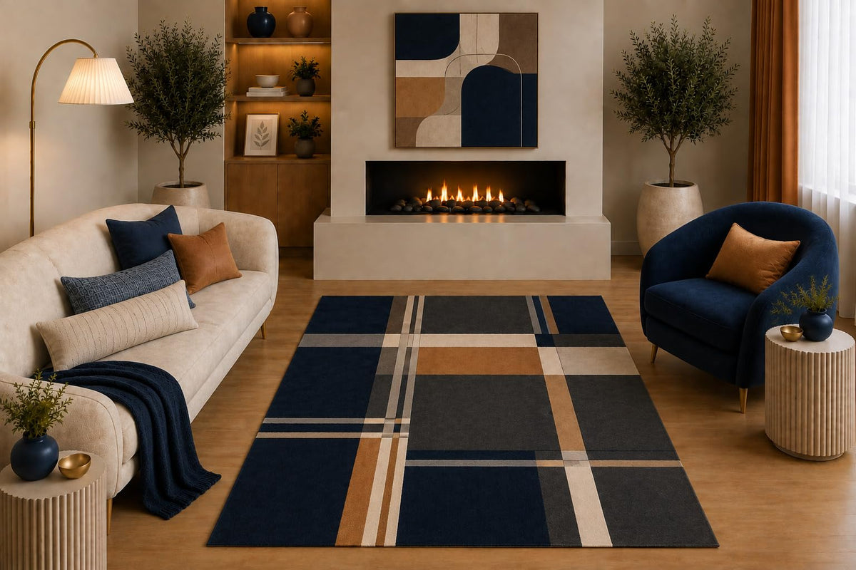 ICE ARMOR "Ultra Light Weight 5' x 7' Modern Plaid Area Rug Navy Blue Charcoal Tan Cream Geometric Line Design for Living Room Bedroom Dining Room Office Non-Slip Silicone Backing Low Pile