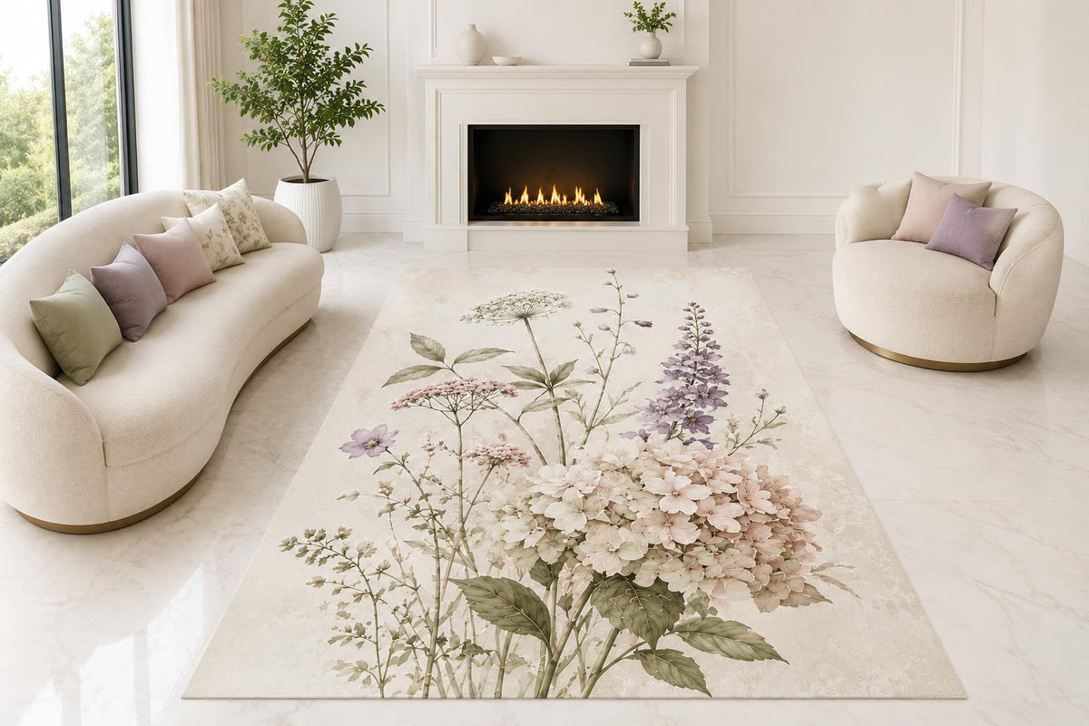 ICE ARMOR "Ultra Lightweight Large 6'7" x 9'10" Hydrangea Bouquet Area Rug for Living Room, Bedroom and Home Office, Soft Low Pile Carpet with Non-Slip Silicone Backing, Cream and Lilac