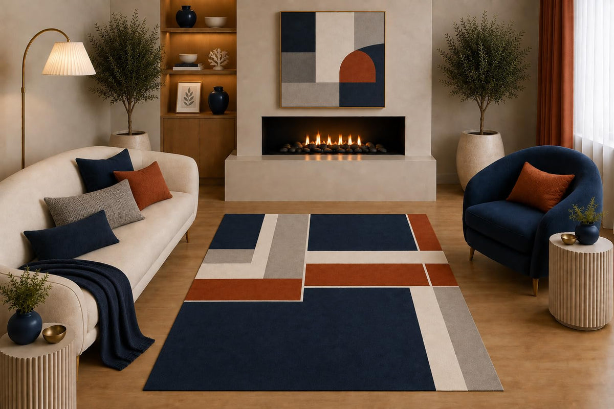 ICE ARMOR "Ultra Light Weight 5' x 7' Modern Geometric Area Rug Navy Blue Rust Gray Cream Abstract Linear Design for Living Room Bedroom Dining Room Office Non-Slip Silicone Backing Low Pile