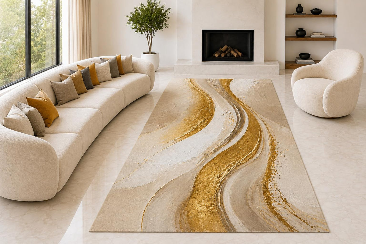 ICE ARMOR "Ultra Lightweight Large 6'7" x 9'10" Marble Waves Area Rug for Living Room, Bedroom and Home Office, Soft Low Pile Carpet with Non-Slip Silicone Backing, Cream and Golden Color