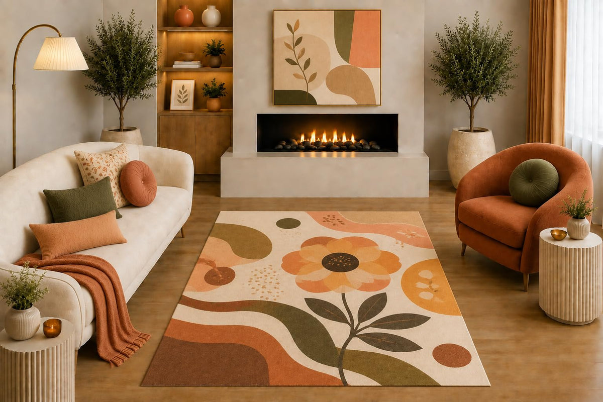 ICE ARMOR "Ultra Light Weight 5' x 7' Retro Floral Area Rug Terracotta Olive Mustard Beige Flower Botanical Abstract Design for Living Room Bedroom Dining Room Non-Slip Silicone Backing Low Pile