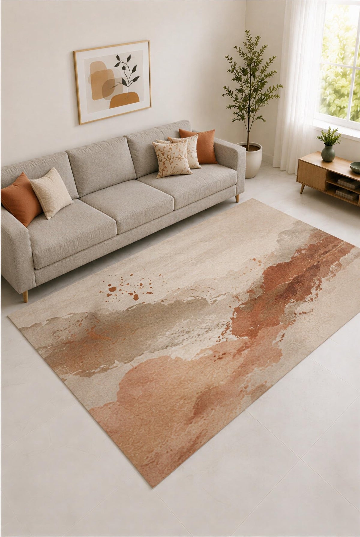 ICE ARMOR "Ultra Lightweight Large 6'7" x 9'10" Terracotta and Beige Watercolor Strokes Area Rug for Living Room, Bedroom and Home Office, Soft Low Pile Carpet with Non-Slip Silicone Backing