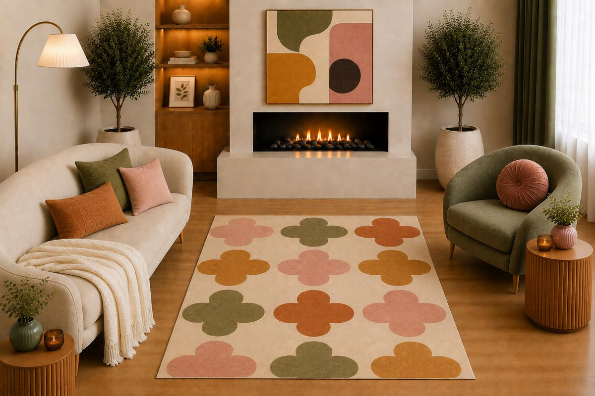 ICE ARMOR "Ultra Light Weight 5' x 7' Retro Clover Area Rug Peach Mustard Olive Beige Four Leaf Clover Pattern for Living Room Bedroom Nursery Dining Room Non-Slip Silicone Backing Low Pile