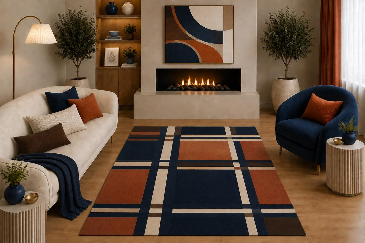 ICE ARMOR "Ultra Light Weight 5' x 7' Modern Plaid Area Rug Navy Blue Rust Brown Cream Geometric Grid Design for Living Room Bedroom Dining Room Office Non-Slip Silicone Backing Low Pile