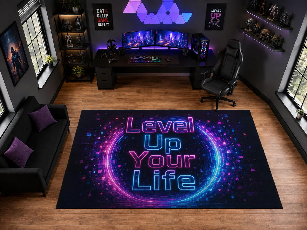 ICE ARMOR "Ultra Light Weight Large 6'7" x 9'10" Level Up Your Life Neon Gaming Area Rug for Playroom Decor, Soft Low Pile Indoor Rug with Non-Slip Silicone Backing, Black Pink Blue