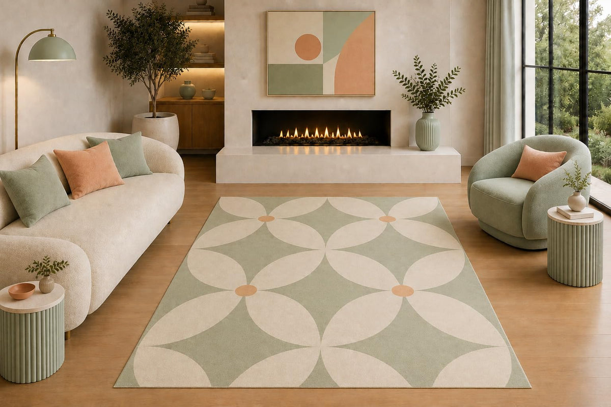 ICE ARMOR "Ultra Light Weight 5' x 7' Modern Floral Area Rug Sage Green Cream Peach Oversized Petal Flower Design for Living Room Bedroom Nursery Dining Room Non-Slip Silicone Backing Low Pile