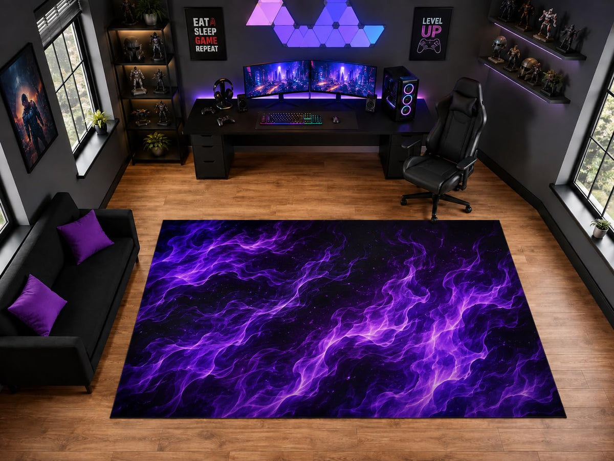 ICE ARMOR "Ultra Light Weight Large 6'7" x 9'10" Purple Flame Energy Pattern Area Rug for Playroom Decor, Soft Low Pile Indoor Rug with Non-Slip Silicone Backing, Black Purple