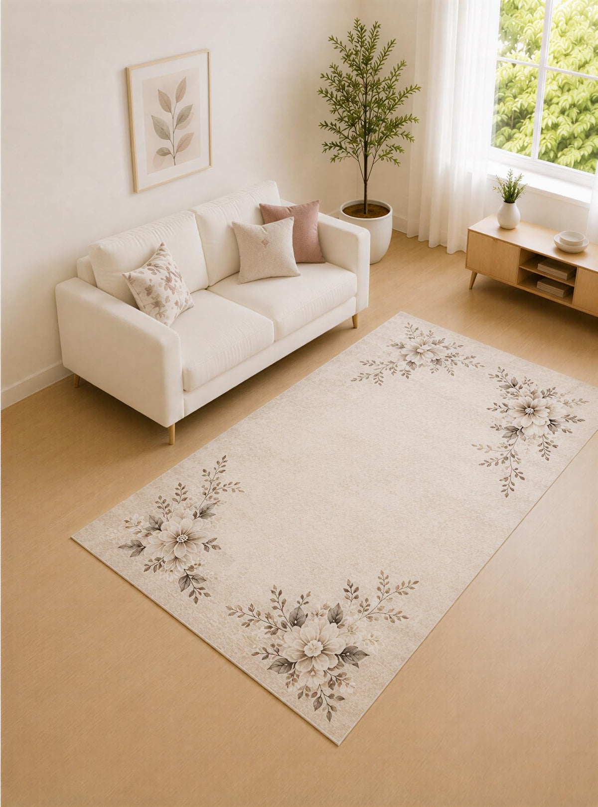 ICE ARMOR "Ultra Lightweight 5' x 7' Beige and Taupe Neutral Flower Corner Area Rug for Living Room, Bedroom and Home Office, Soft Low Pile Carpet with Non-Slip Silicone Backing