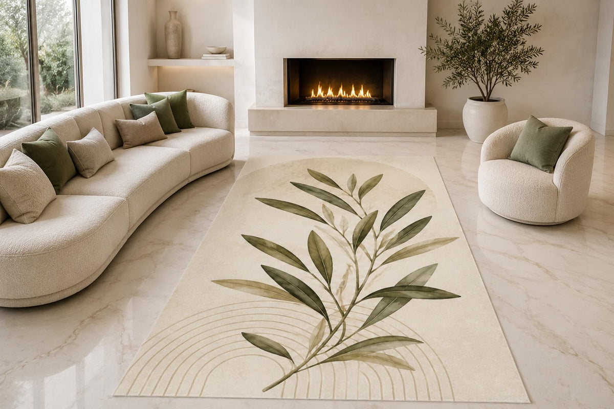 ICE ARMOR "Ultra Lightweight Large 6'7" x 9'10" Minimal Leaf Curve Area Rug for Living Room, Bedroom and Home Office, Soft Low Pile Carpet with Non-Slip Silicone Backing, Sage and Ivory