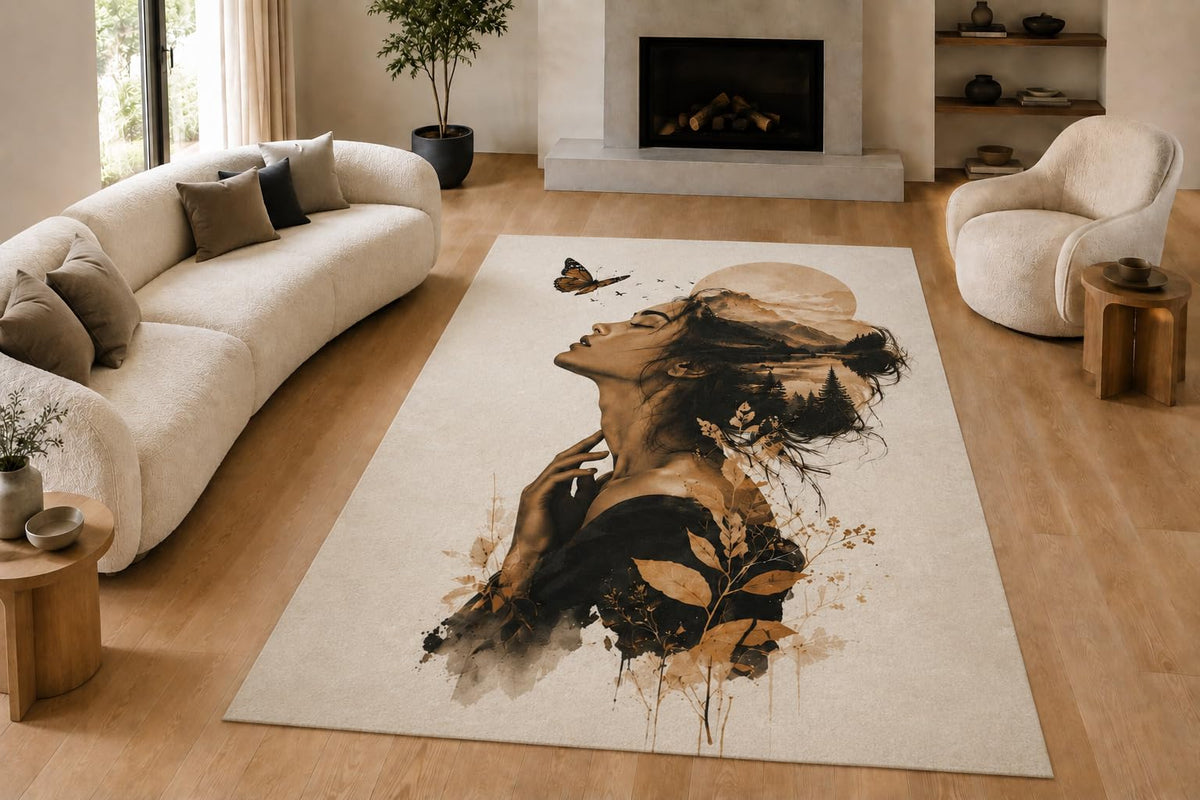 ICE ARMOR "Ultra Lightweight Large 6'7" x 9'10" Butterfly Woman Area Rug for Living Room, Bedroom and Home Office, Soft Low Pile Carpet with Non-Slip Silicone Backing, Cream and Black