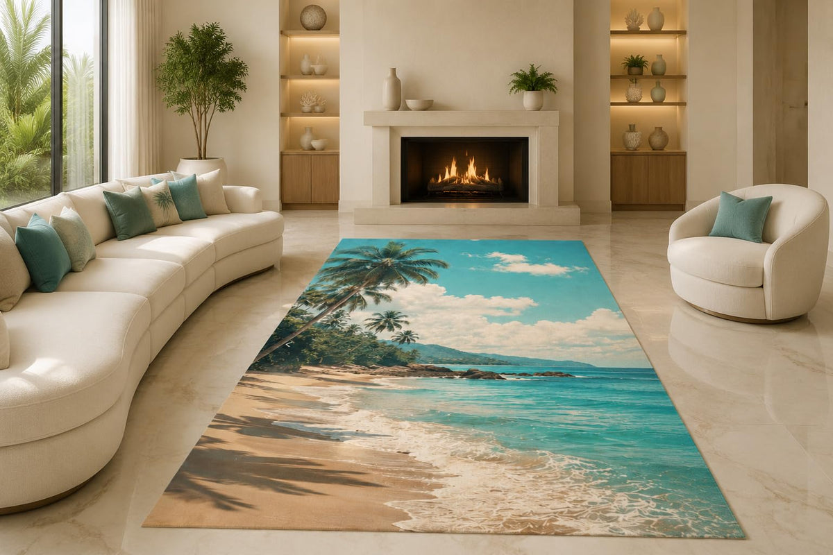 ICE ARMOR "Ultra Lightweight Large 6'7" x 9'10" Tropical Beach Shore Area Rug for Living Room, Bedroom and Home Office, Soft Low Pile Carpet with Non-Slip Silicone Backing, Aqua and Beige
