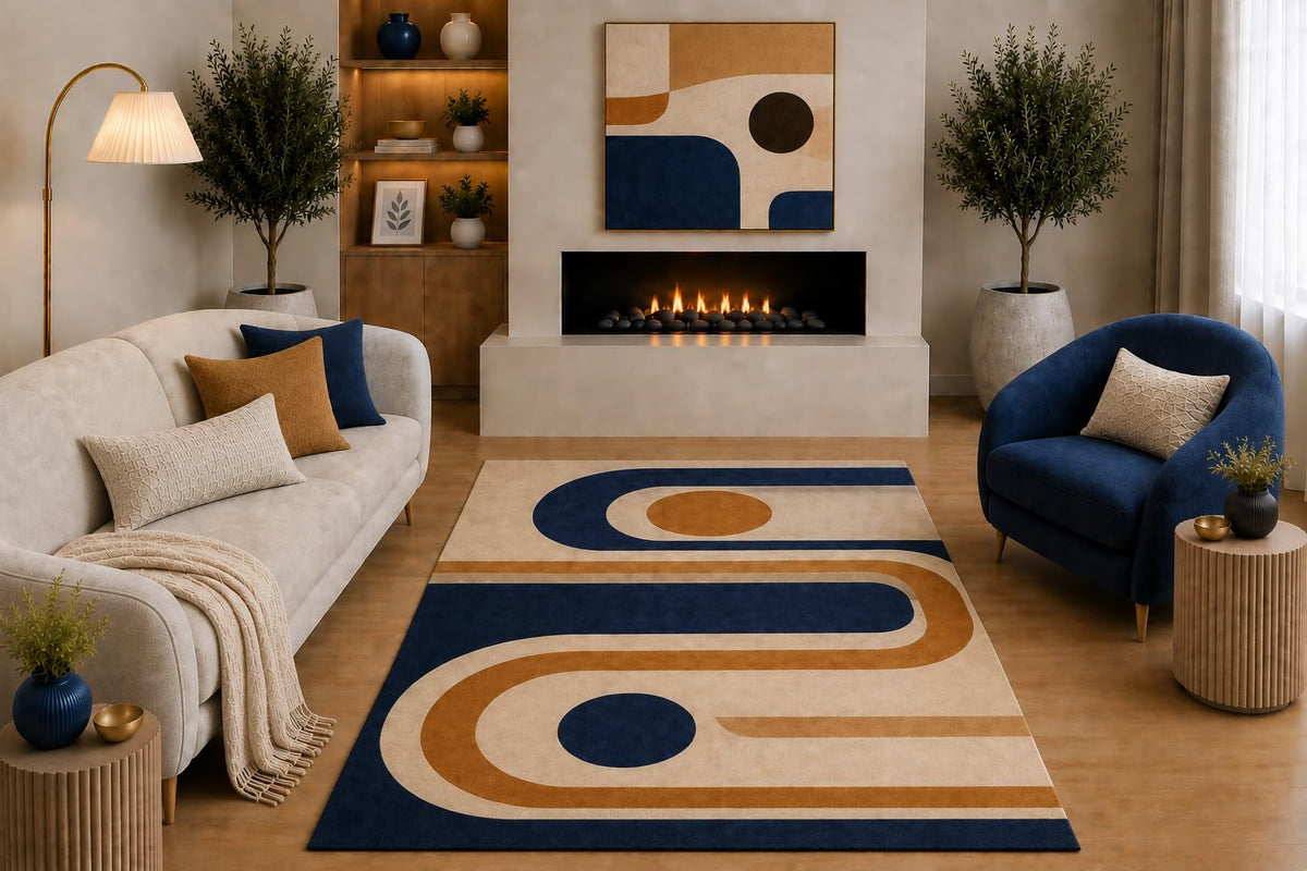 ICE ARMOR "Ultra Light Weight 5' x 7' Mid Century Modern Area Rug Navy Blue Mustard Beige Abstract Retro Track Design for Living Room Bedroom Dining Room Non-Slip Silicone Backing Low Pile