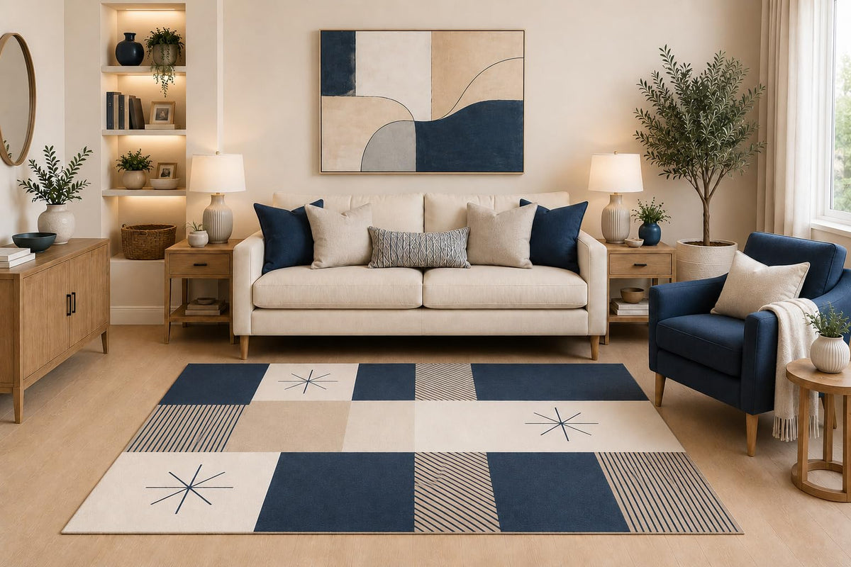 ICE ARMOR "Ultra Light Weight 5' x 7' Mid Century Modern Area Rug Navy Cream Abstract Starburst Block Pattern for Living Room Bedroom Dining Room Office Non-Slip Silicone Backing Low Pile