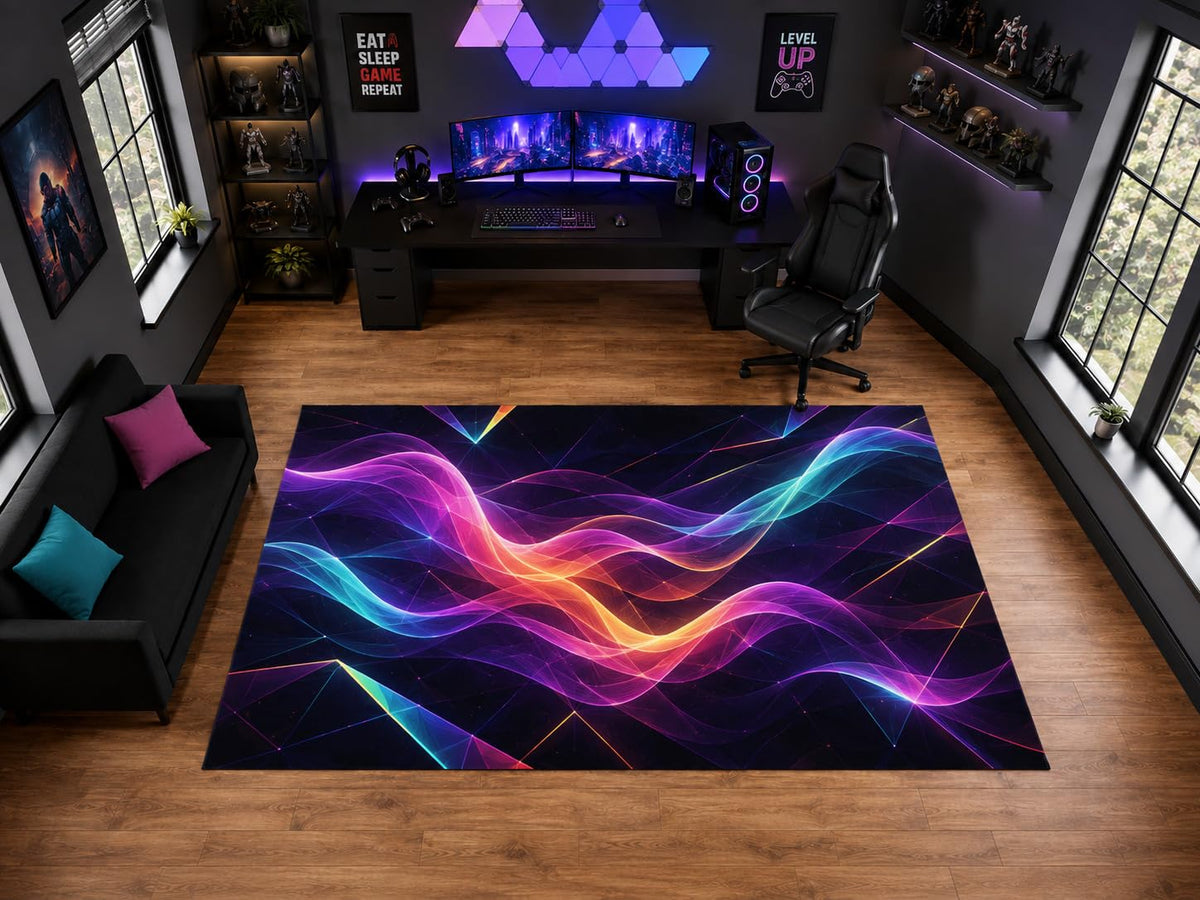 ICE ARMOR "Ultra Light Weight Large 6'7" x 9'10" Neon Wave Abstract Pattern Area Rug for Playroom Decor, Soft Low Pile Indoor Rug with Non-Slip Silicone Backing, Black Pink Blue