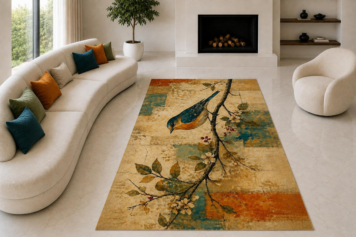 ICE ARMOR "Ultra Lightweight Large 6'7" x 9'10" Vintage Songbird Area Rug for Living Room, Bedroom and Home Office, Soft Low Pile Carpet with Non-Slip Silicone Backing, Teal and Beige