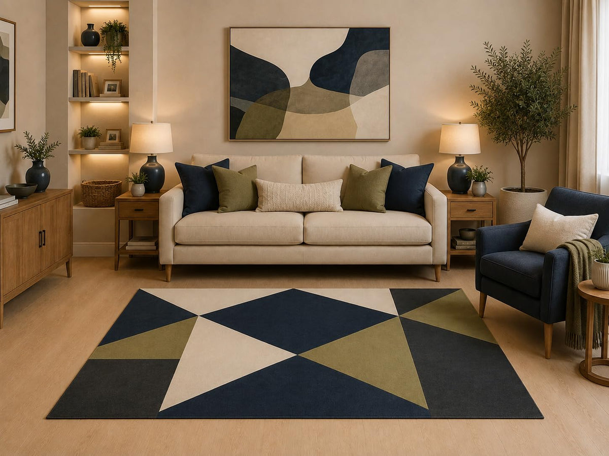 ICE ARMOR "Ultra Light Weight 5' x 7' Modern Geometric Abstract Area Rug Navy Olive Cream Angular Pattern for Living Room Bedroom Dining Room Office Non-Slip Silicone Backing Low Pile