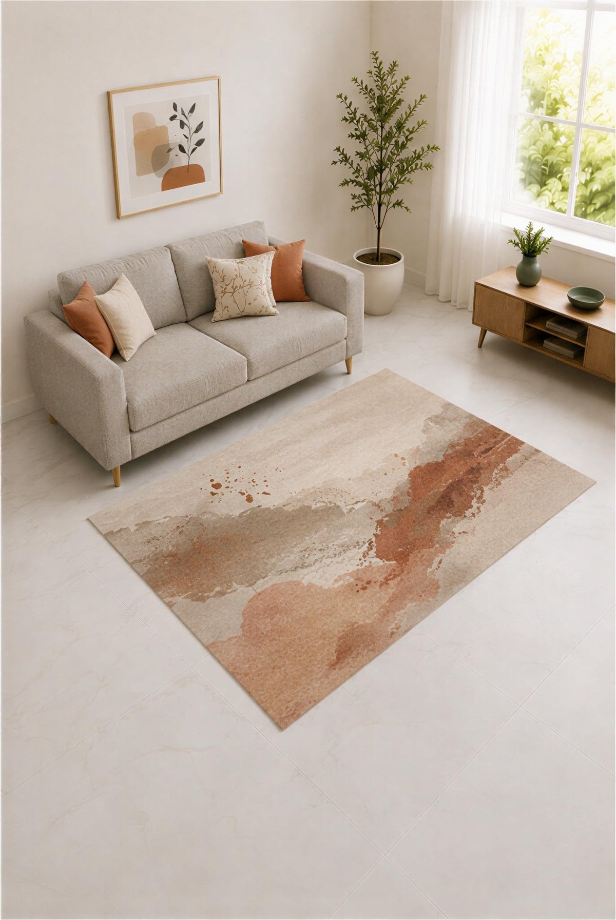 ICE ARMOR "Ultra Lightweight 5' x 7' Terracotta and Beige Watercolor Strokes Area Rug for Living Room, Bedroom and Home Office, Soft Low Pile Carpet with Non-Slip Silicone Backing
