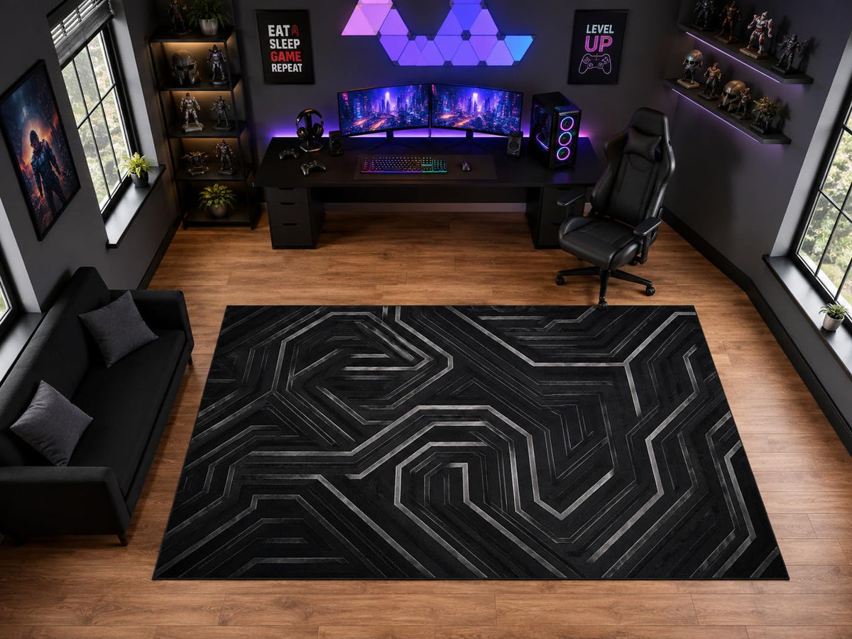 ICE ARMOR "Ultra Light Weight Large 6'7" x 9'10" Black Geometric Maze Line Area Rug for Playroom Decor, Soft Low Pile Indoor Rug with Non-Slip Silicone Backing, Black Gray