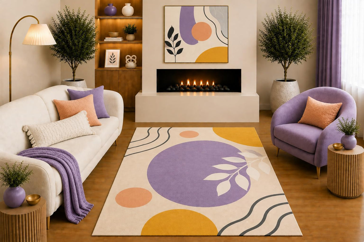 ICE ARMOR "Ultra Light Weight 5' x 7' Boho Botanical Area Rug Lavender Mustard Peach Leaf Abstract Geometric Design for Living Room Bedroom Nursery Non-Slip Silicone Backing Low Pile