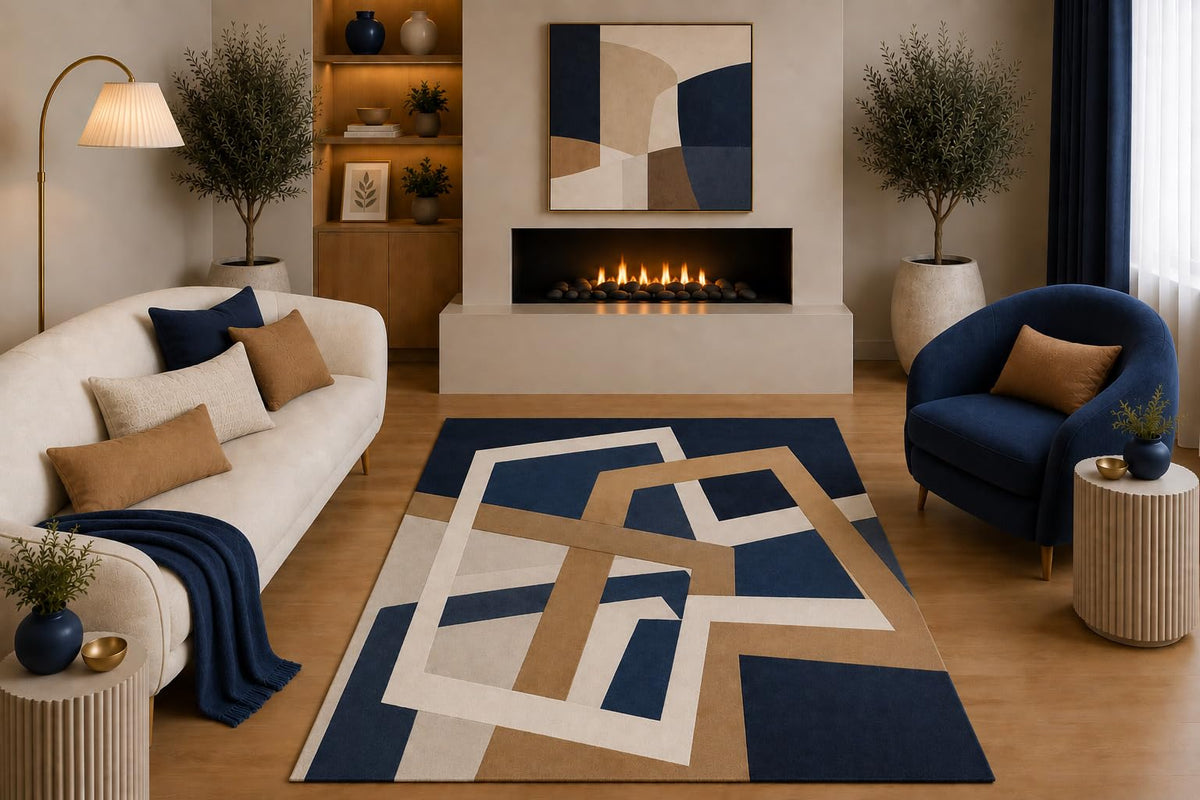 ICE ARMOR "Ultra Light Weight 5' x 7' Modern Abstract Geometric Area Rug Navy Blue Beige Tan Contemporary Design for Living Room Bedroom Dining Room Non-Slip Silicone Backing Low Pile