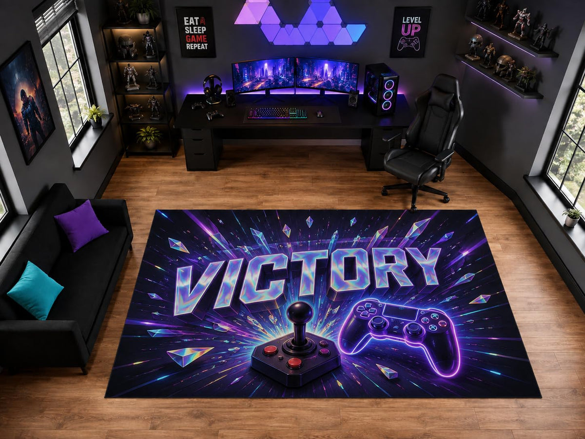 ICE ARMOR "Ultra Light Weight Large 6'7" x 9'10" Victory Arcade Controller Area Rug for Playroom Decor, Soft Low Pile Indoor Rug with Non-Slip Silicone Backing, Black Purple Blue
