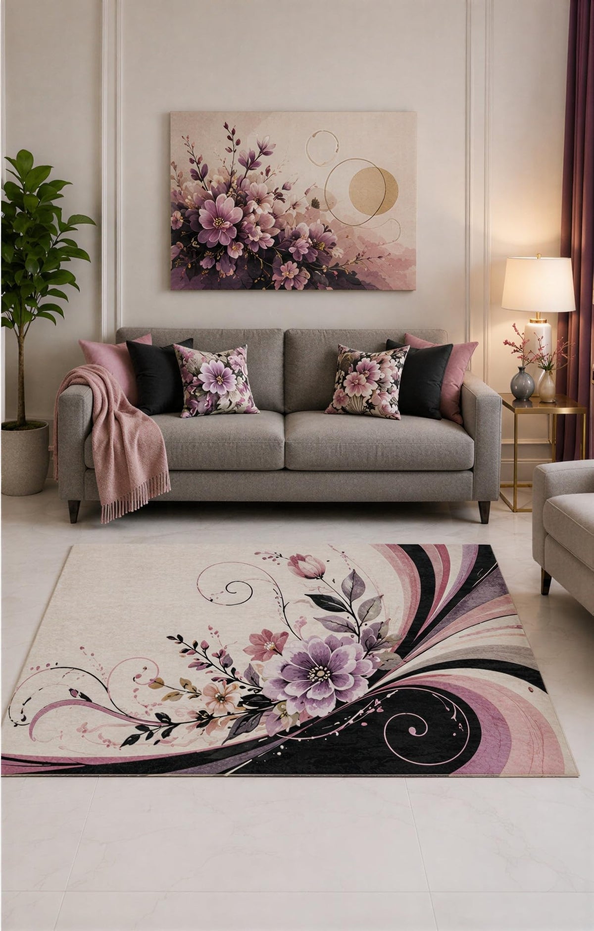 ICE ARMOR "Ultra Lightweight 5' x 7' Mauve and Black Blossom Swirl Area Rug for Living Room, Bedroom and Home Office, Soft Low Pile Carpet with Non-Slip Silicone Backing