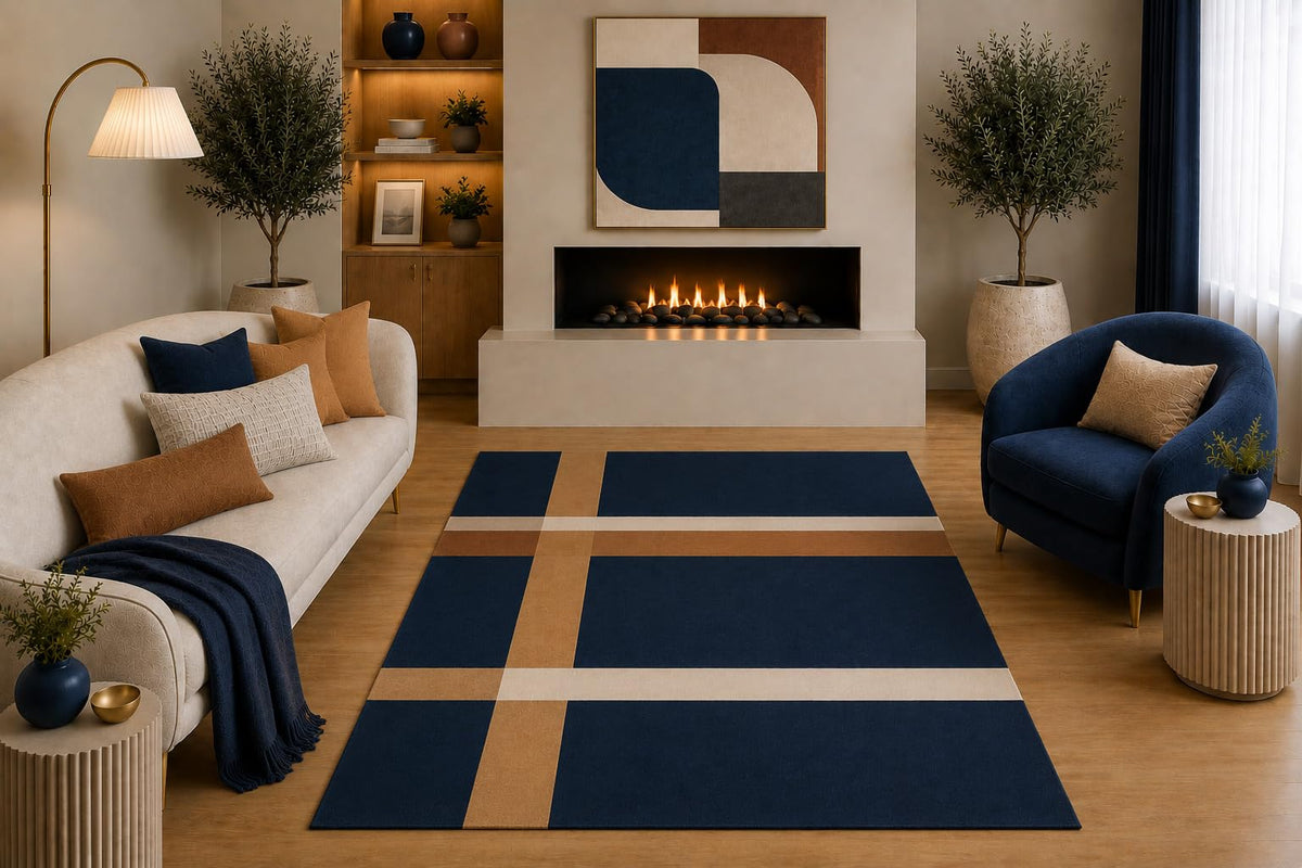 ICE ARMOR "Ultra Light Weight 5' x 7' Modern Geometric Area Rug Navy Blue Tan Cream Minimalist Grid Design for Living Room Bedroom Dining Room Office Non-Slip Silicone Backing Low Pile
