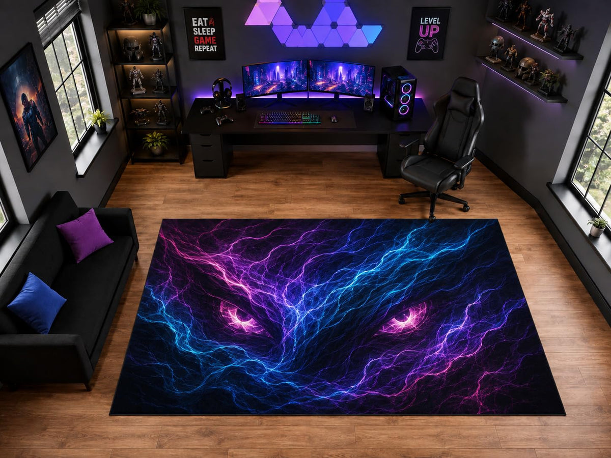 ICE ARMOR "Ultra Light Weight Large 6'7" x 9'10" Neon Energy Eyes Area Rug for Gaming Room Decor, Soft Low Pile Indoor Rug with Non-Slip Silicone Backing, Purple Blue Black