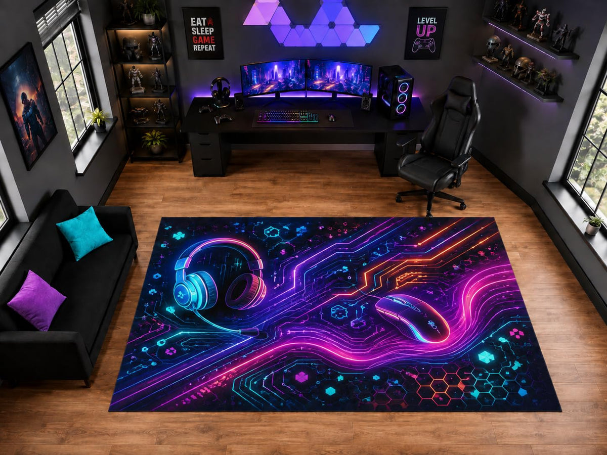 ICE ARMOR "Ultra Light Weight Large 6'7" x 9'10" Gaming Headset and Mouse Circuit Area Rug for Playroom Decor, Soft Low Pile Indoor Rug with Non-Slip Silicone Backing, Black Pink Blue