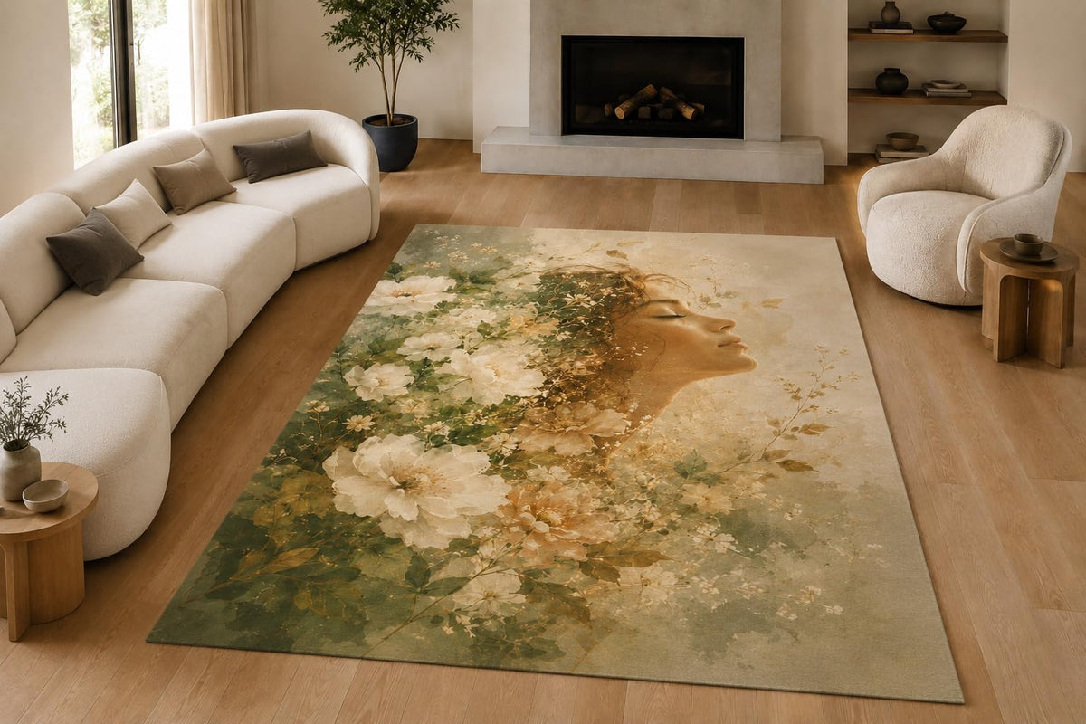 ICE ARMOR "Ultra Lightweight Large 6'7" x 9'10" Garden Woman Profile Area Rug for Living Room, Bedroom and Home Office, Soft Low Pile Carpet with Non-Slip Silicone Backing, Sage and Rust