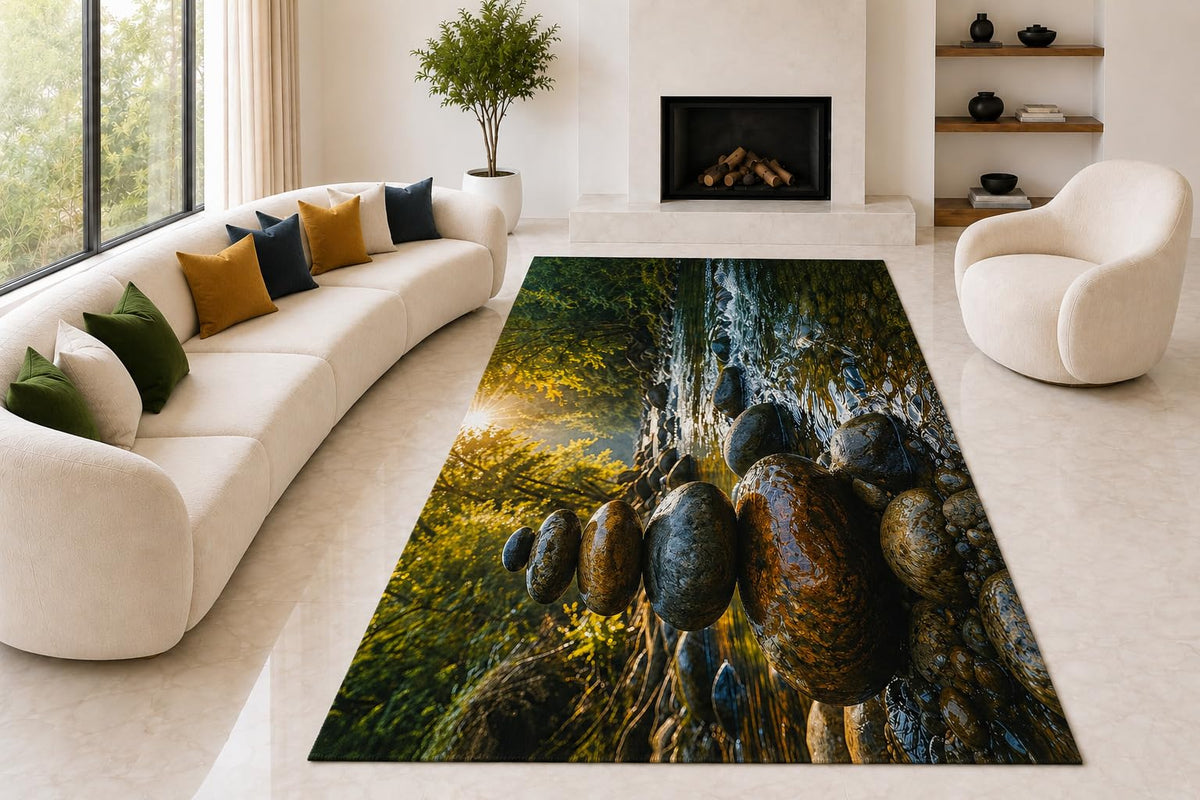 ICE ARMOR "Ultra Lightweight Large 6'7" x 9'10" Sunlit Stream Stones Area Rug for Living Room, Bedroom and Home Office, Soft Low Pile Carpet with Non-Slip Silicone Backing, Green and Brown