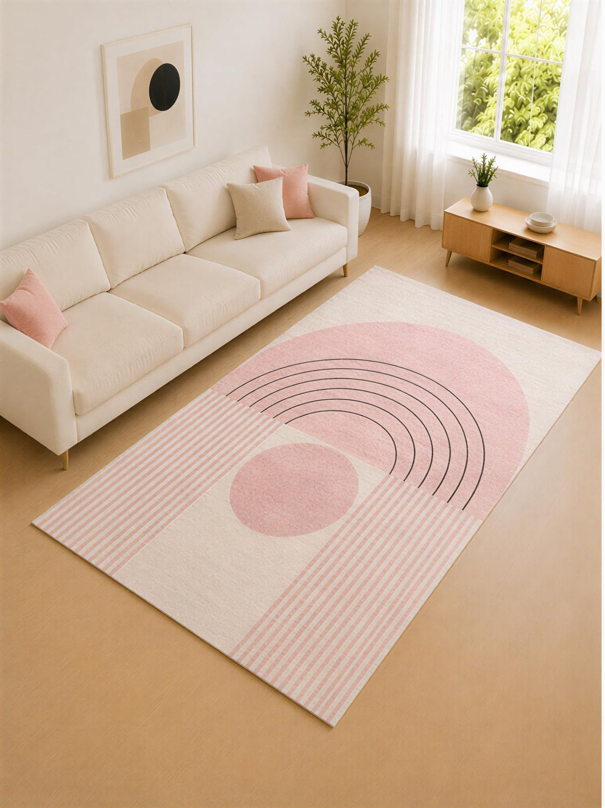 ICE ARMOR "Ultra Lightweight Large 6'7" x 9'10" Blush Pink and Cream Rainbow Arch Area Rug for Living Room, Bedroom and Home Office, Soft Low Pile Carpet with Non-Slip Silicone Backing
