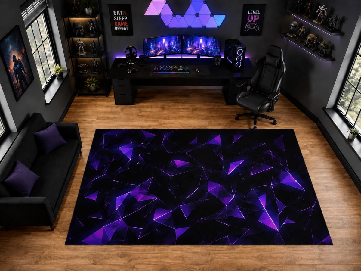 ICE ARMOR "Ultra Light Weight Large 6'7" x 9'10" Purple Polygon Triangle Shards Area Rug for Playroom Decor, Soft Low Pile Indoor Rug with Non-Slip Silicone Backing, Black Purple