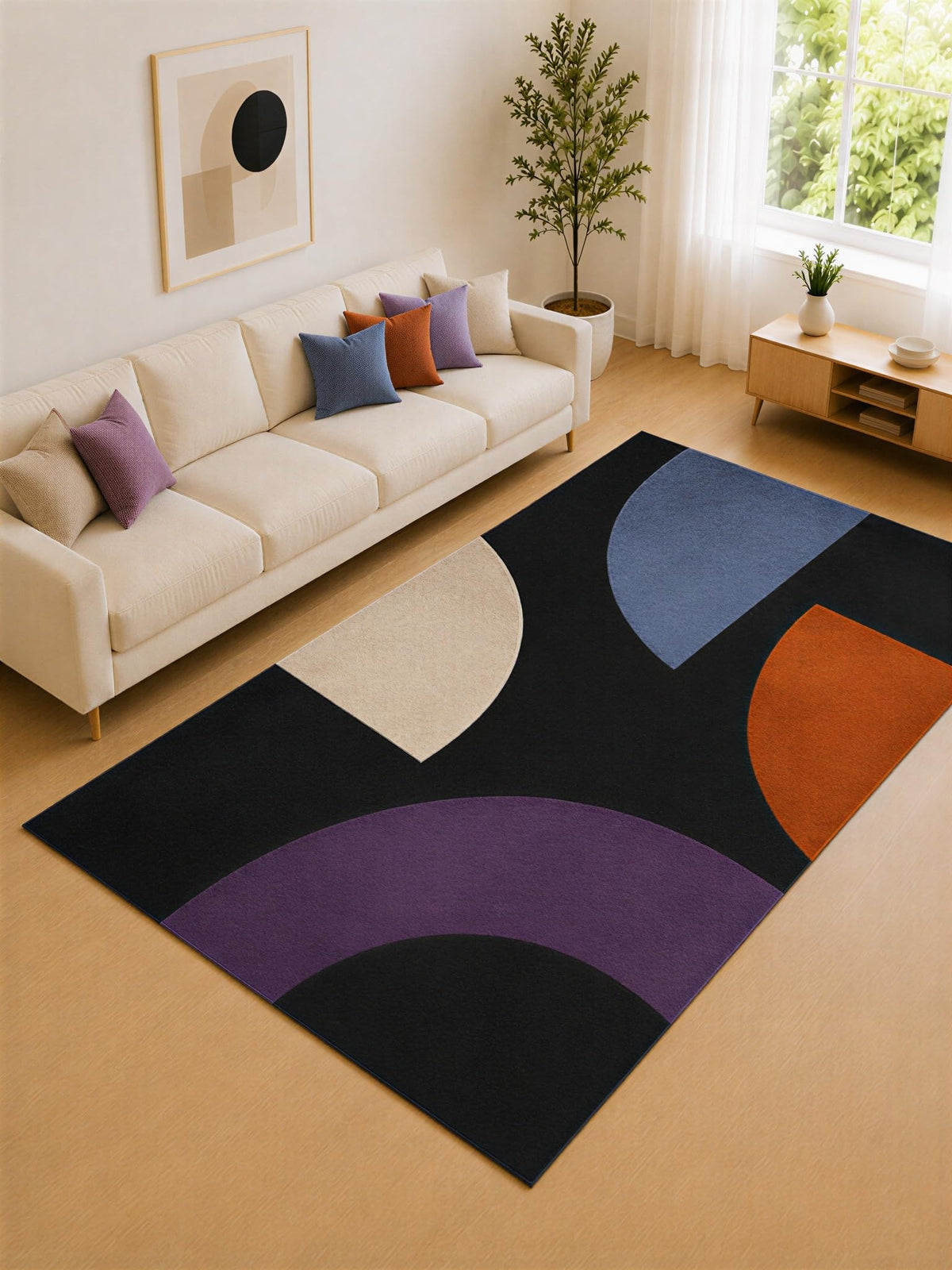 ICE ARMOR "Ultra Lightweight Large 6'7" x 9'10" Black and Purple Modern Arcs Area Rug for Living Room, Bedroom and Home Office, Soft Low Pile Carpet with Non-Slip Silicone Backing