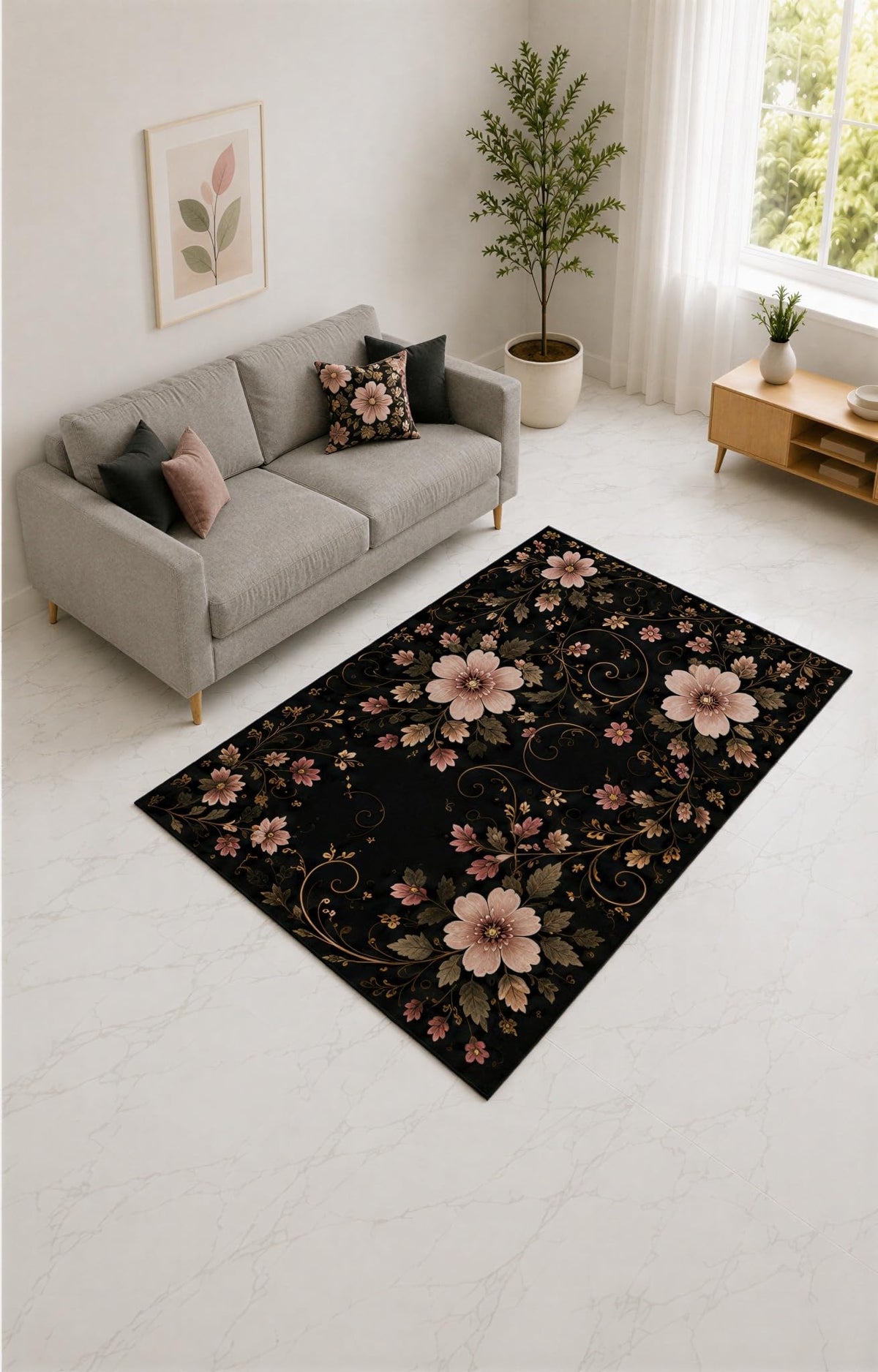 ICE ARMOR "Ultra Lightweight 5' x 7' Black and Blush Vintage Blossom Scroll Area Rug for Living Room, Bedroom and Home Office, Soft Low Pile Carpet with Non-Slip Silicone Backing