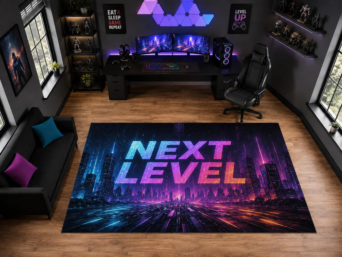 ICE ARMOR "Ultra Light Weight Large 6'7" x 9'10" Next Level Neon City Area Rug for Playroom Decor, Soft Low Pile Indoor Rug with Non-Slip Silicone Backing, Black Blue Purple Pink
