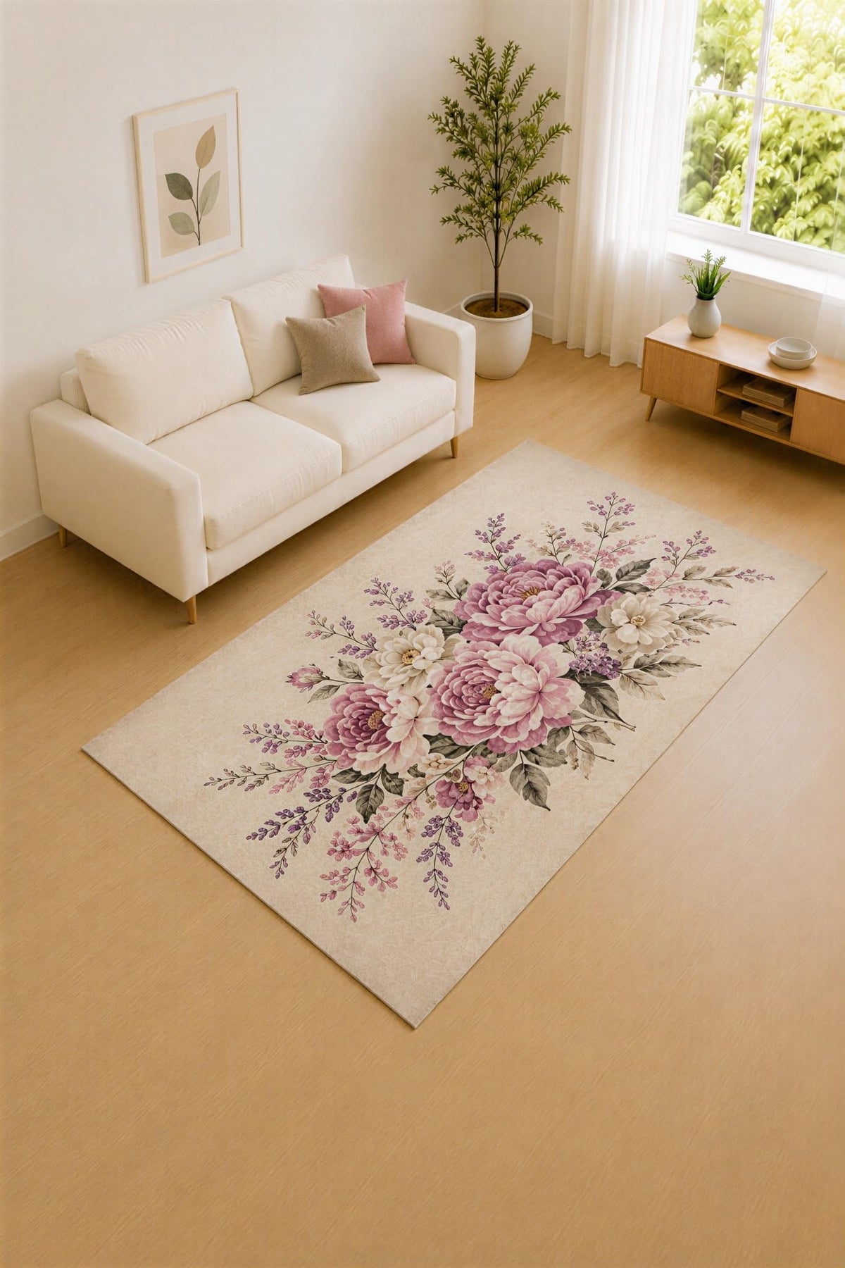 ICE ARMOR "Ultra Lightweight 5' x 7' Mauve and Cream Vintage Bouquet Area Rug for Living Room, Bedroom and Home Office, Soft Low Pile Carpet with Non-Slip Silicone Backing