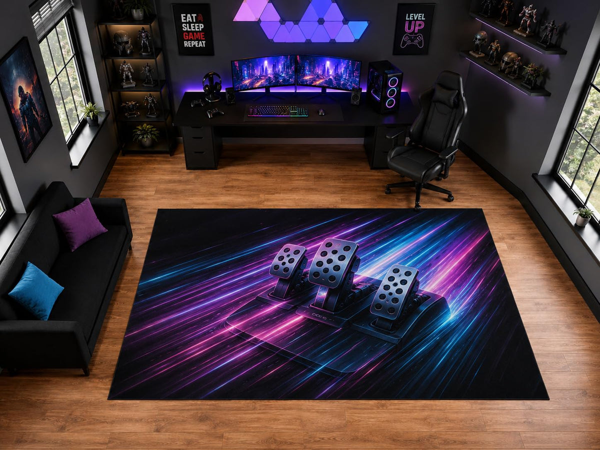 ICE ARMOR "Ultra Light Weight Large 6'7" x 9'10" Racing Pedal Neon Speed Area Rug for Playroom Decor, Soft Low Pile Indoor Rug with Non-Slip Silicone Backing, Black Pink Blue