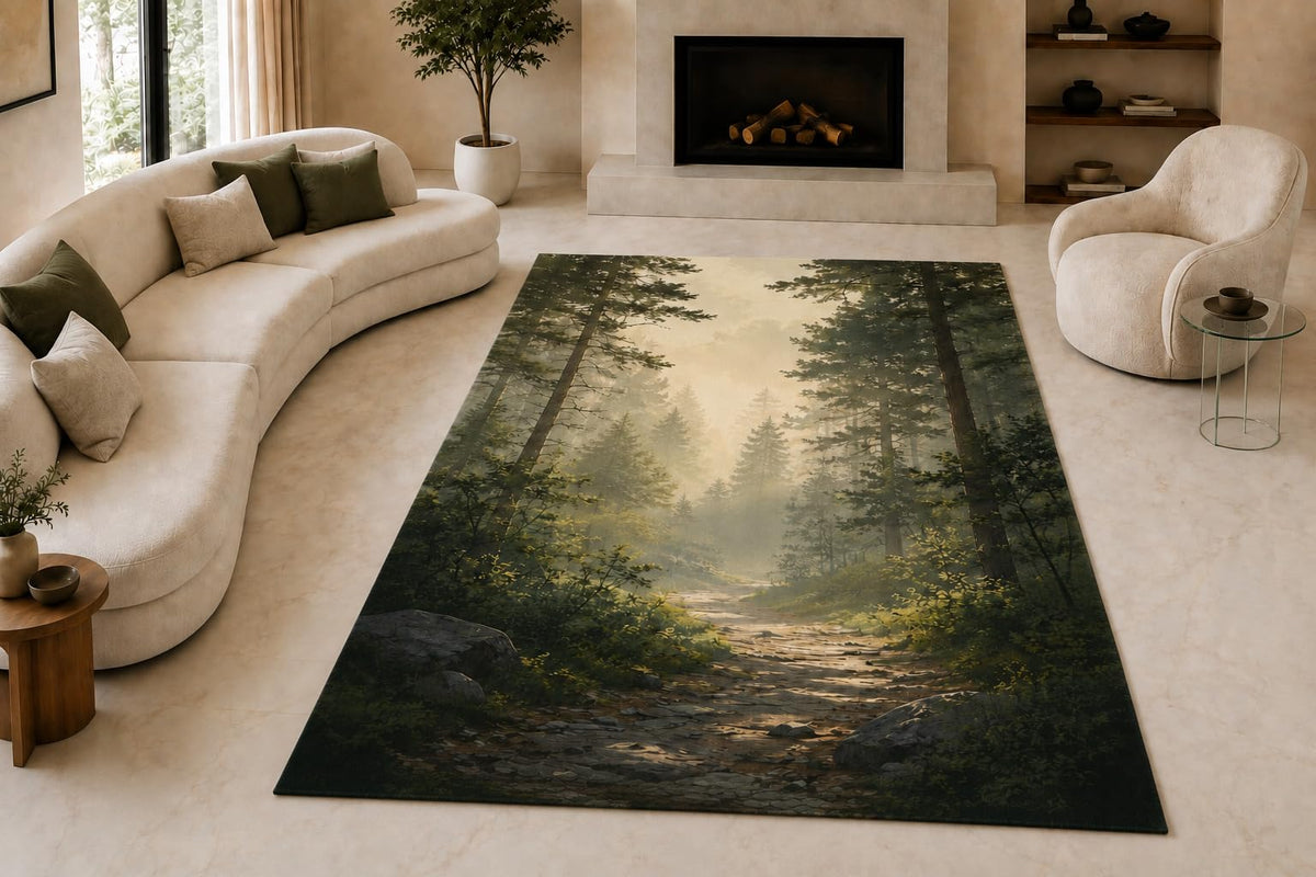 ICE ARMOR "Ultra Lightweight Large 6'7" x 9'10" Sunlit Woodland Trail Area Rug for Living Room, Bedroom and Home Office, Soft Low Pile Carpet with Non-Slip Silicone Backing, Olive and Beige