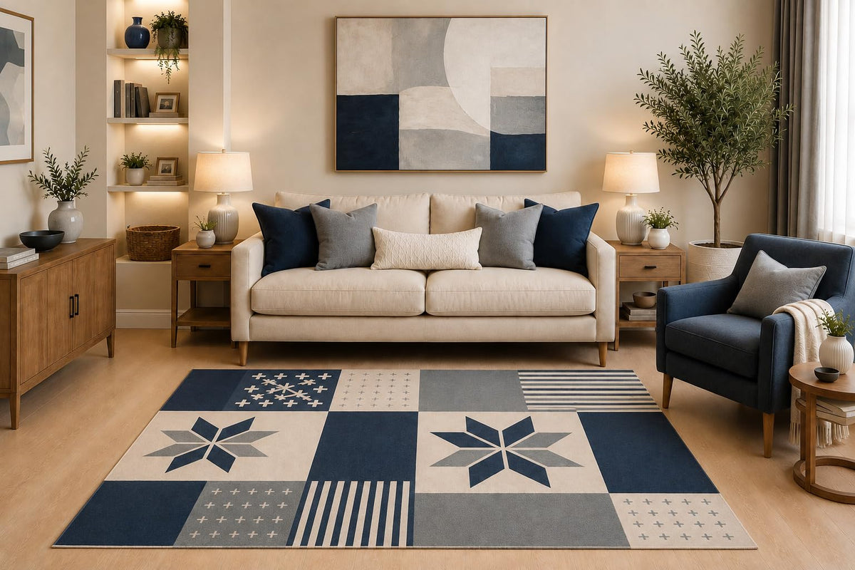 ICE ARMOR "Ultra Light Weight 5' x 7' Modern Patchwork Area Rug Navy Blue Gray Cream Starburst Stripe Pattern for Living Room Bedroom Dining Room Office Non-Slip Silicone Backing Low Pile
