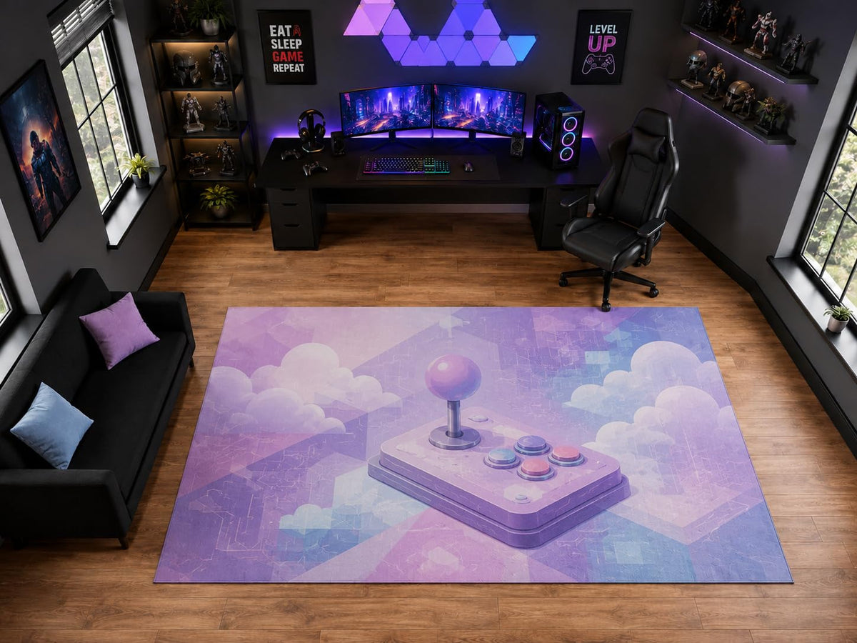 ICE ARMOR "Ultra Light Weight Large 6'7" x 9'10" Pastel Arcade Joystick Clouds Area Rug for Playroom Decor, Soft Low Pile Indoor Rug with Non-Slip Silicone Backing, Lavender Blue