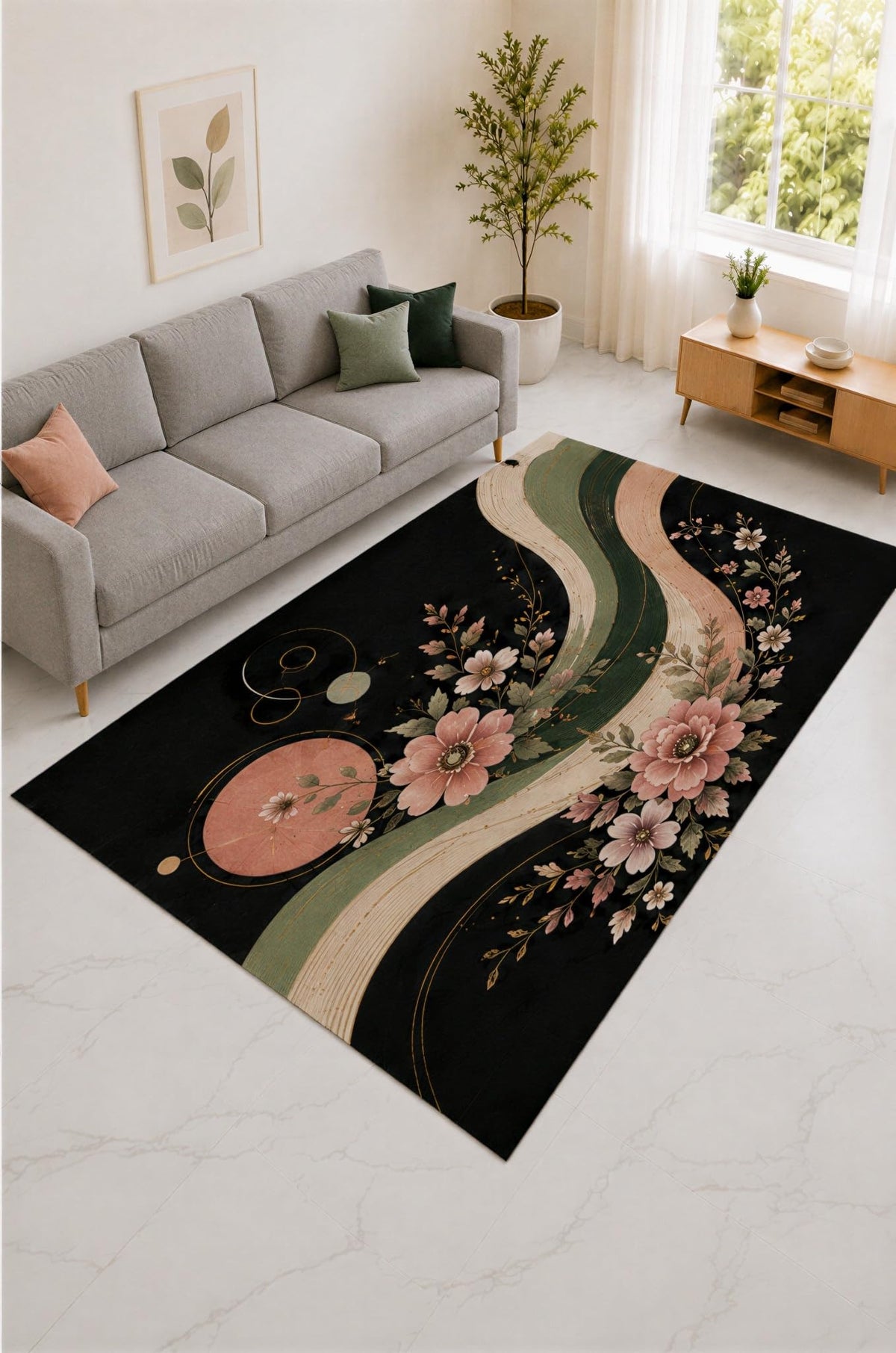 ICE ARMOR "Ultra Lightweight 5' x 7' Pink and Sage Watercolor Garden Area Rug for Living Room, Bedroom and Home Office, Soft Low Pile Carpet with Non-Slip Silicone Backing